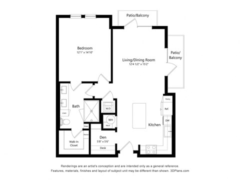 Floor plan for 1 bed, 1 bath, 843 sqft